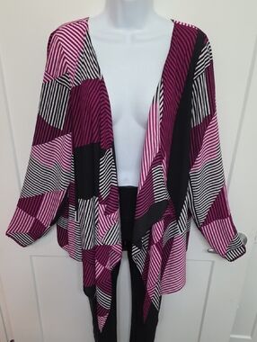 Lane Bryant Magenta and Black Striped Open-Front Cardigan